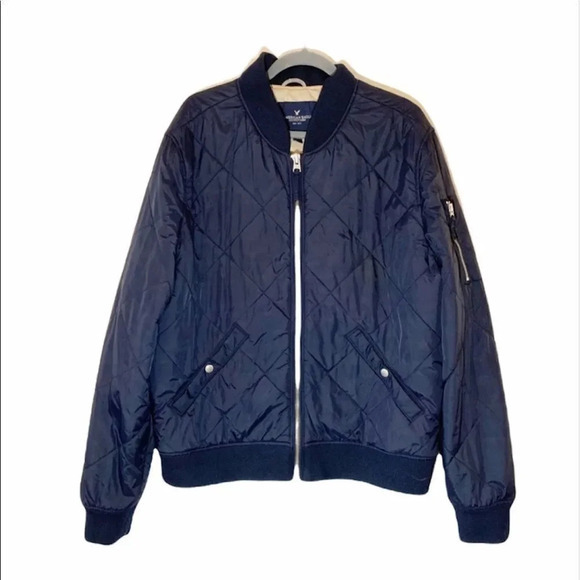 American Eagle Black Quilted Nylon Bomber‎ Jacket Sip Front Men’s Size XL Coat - Picture 1 of 9